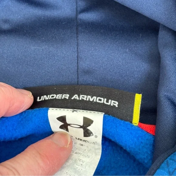 Under Armour Men’s L Blue Camo Pullover Loose Fit Hoodie with Red-Trim Logo - Picture 6 of 7